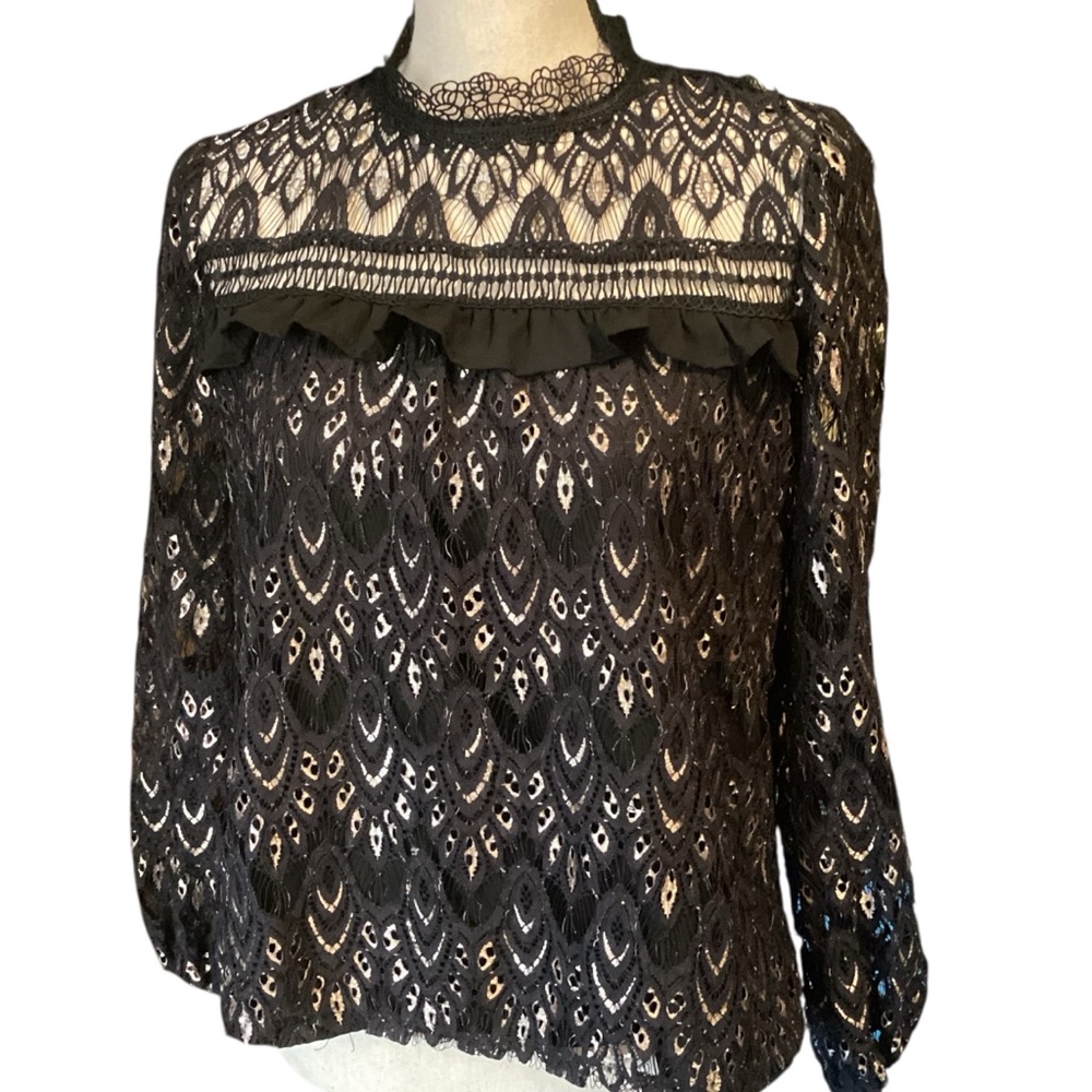 Blue Rain Black Fan Lace Over Cami Long Sleeve Blouse Size XS Romantic High Neck